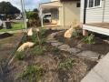 New Lambton Front And Back Garden : Design, Preliminary Excavations, Ironstone Flagging And Stepping Stones, Feature Boulders, Decorative Gravels, Suitable Native Shrubs And Pine Bark