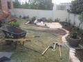 Janet St. Merewether. A Garden Patio. Excavations / Sandstone Walls & Sandstone Garden Edges / Brick Paving / Garden Soils / A Selection Of Shrubs & Pots / Mulch